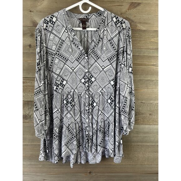 Bit & Bridle Womens Shirt 3/4 Sleeve Button Up Boho Geometric Black White XL - Picture 1 of 9